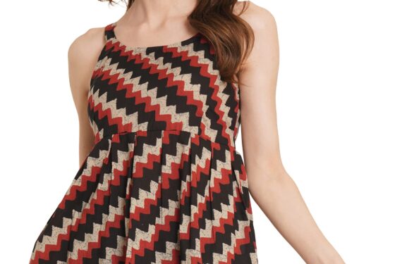 COTLAND Fashions Jaipuri Cotton Printed Strappy Sleeveless Classic Fit Top For Women (Midnight Zig-Zags), XS,Multicolor