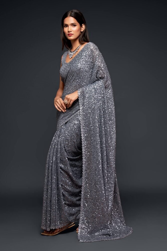 Zeel Clothing Women's Grey Sequins Work Heavy Georgette Saree with Blouse (1007-Slate-Grey-Sequins-Party-Saree, Slate Grey) - Image 5