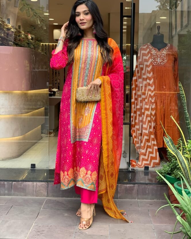 ANNI DESIGNER Women's Rayon Blend Printed Straight Kurta with Pant & Dupatta (Shubhangi Rani_XXL_Pink_XX-Large) - Image 8