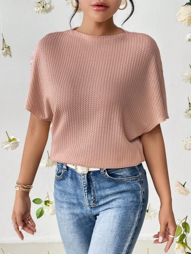 Zilcon Women Fashion Fall Batwing Half Sleeve Shirts Boat Neck Oversized Tunic Tops Casual Waffle Knit Shirts Tops for Women (in, Alpha, L, Dusty Pink) - Image 2
