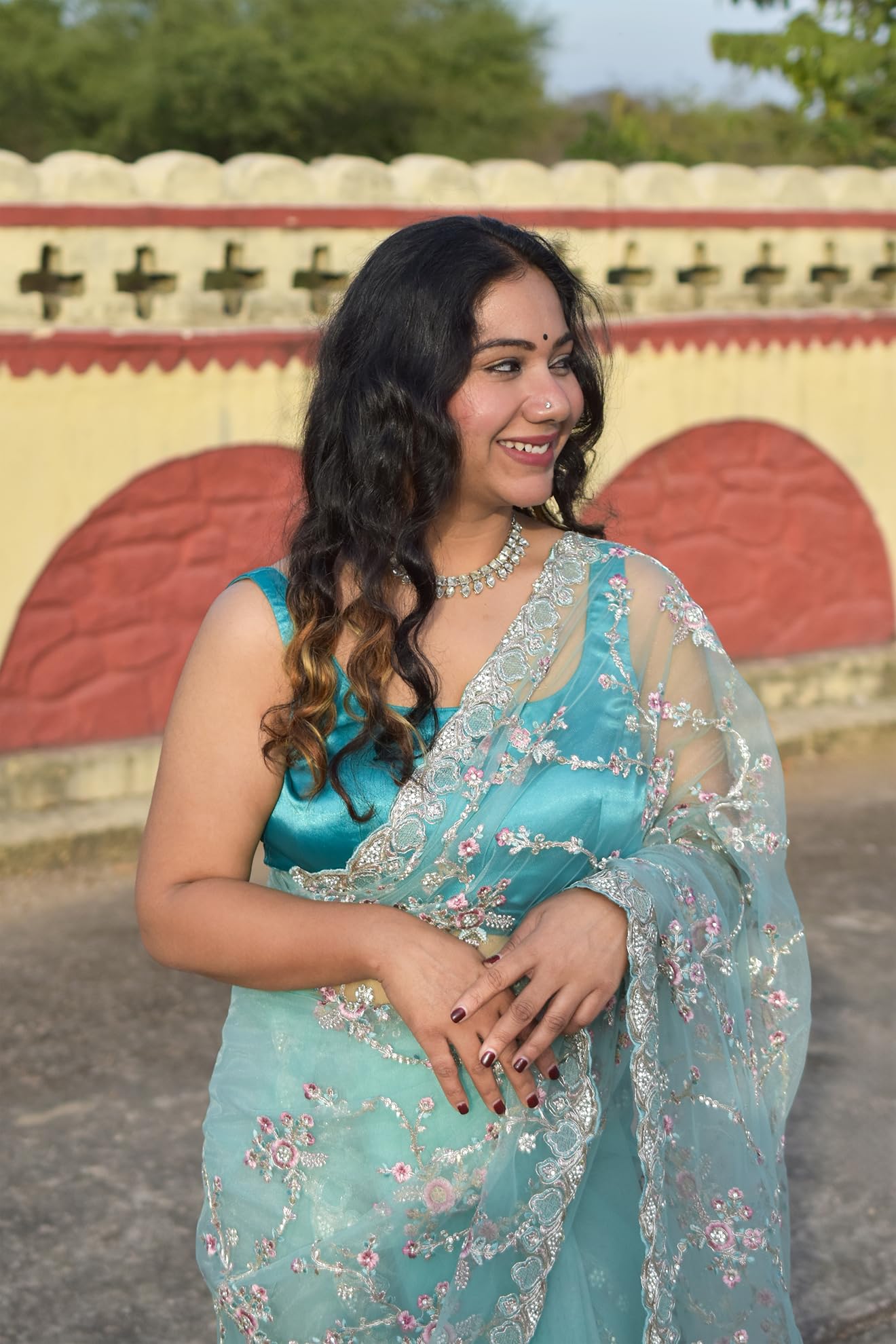 MESCHE Women's Pastel Mint Green Supernet Saree with Zari & Sequin Floral Embroidery With Unstitched Blouse Piece - Image 4