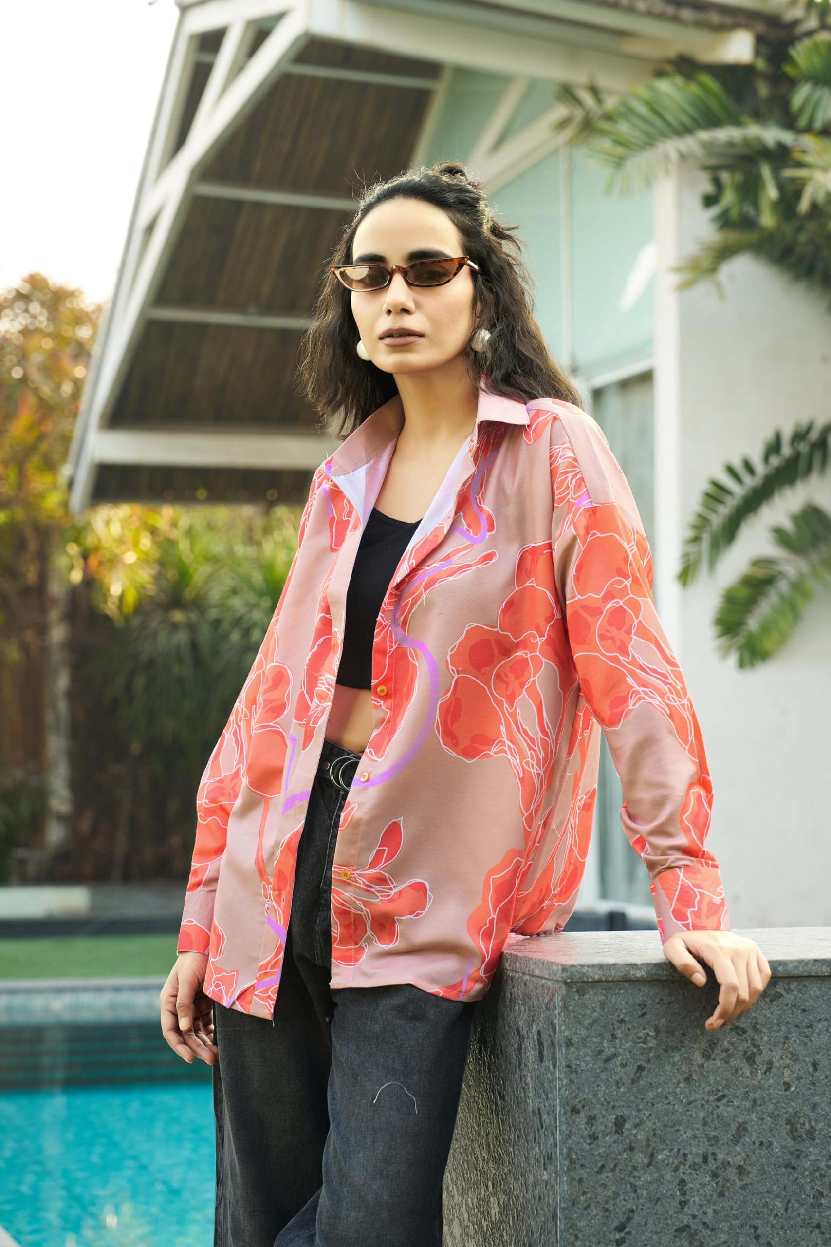 GRECIILOOKS Shirt for Women | Printed Casual Crop Top | Long Sleeve Stylish Collared |Korean Oversized Button-Down |Causal |Formal | Trendy (in, Alpha, M, Orange) - Image 2