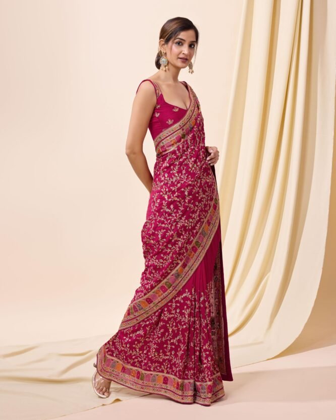 TRENDMALLS Women's Vichitra Silk Embroidery, Siroski Stone Work Saree with Unstitch Blouse Piece (K1085-Pink-) - Image 4