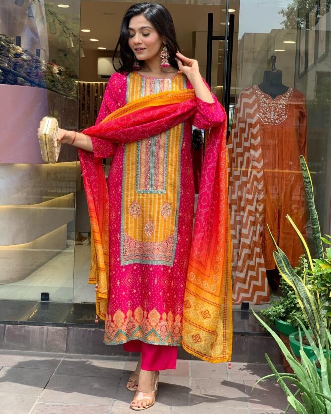 ANNI DESIGNER Women's Rayon Blend Printed Straight Kurta with Pant & Dupatta (Shubhangi Rani_XXL_Pink_XX-Large) - Image 4