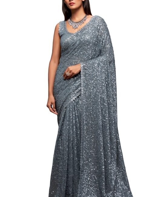 TRENDMALLS Women's Georgette Heavy Sequins Work Heavy Saree with Blouse (Latest-Sequins-Party-Saree) (Grey)