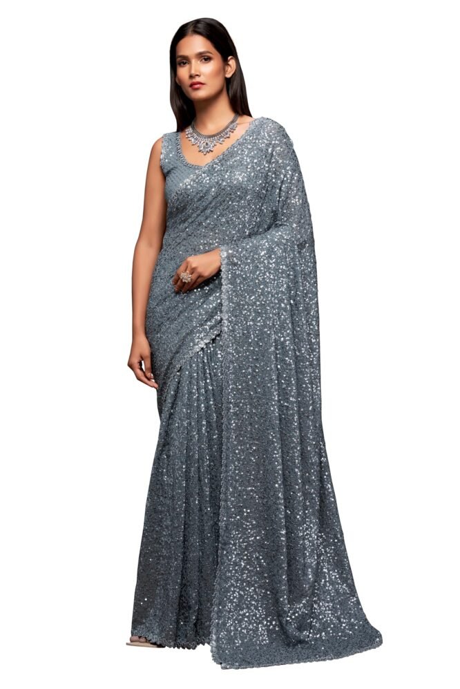 TRENDMALLS Women's Georgette Heavy Sequins Work Heavy Saree with Blouse (Latest-Sequins-Party-Saree) (Grey)
