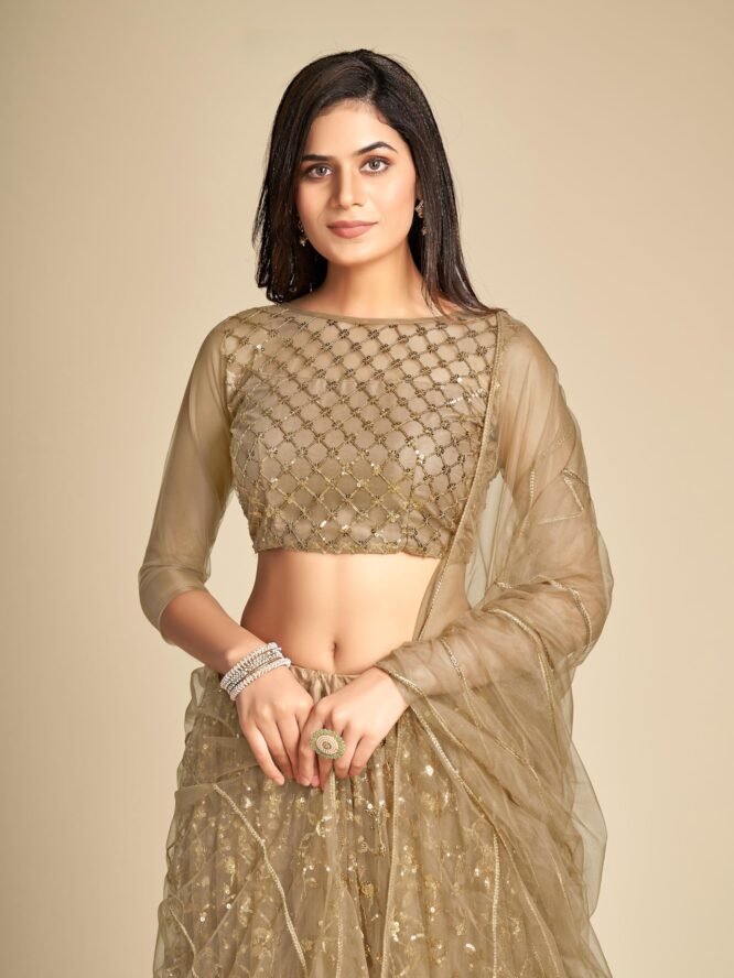 TRENDMALLS Women's Net Embroidery Lehenga Choli With Net Dupatta (L144-Gold, Semi stitched) - Image 4