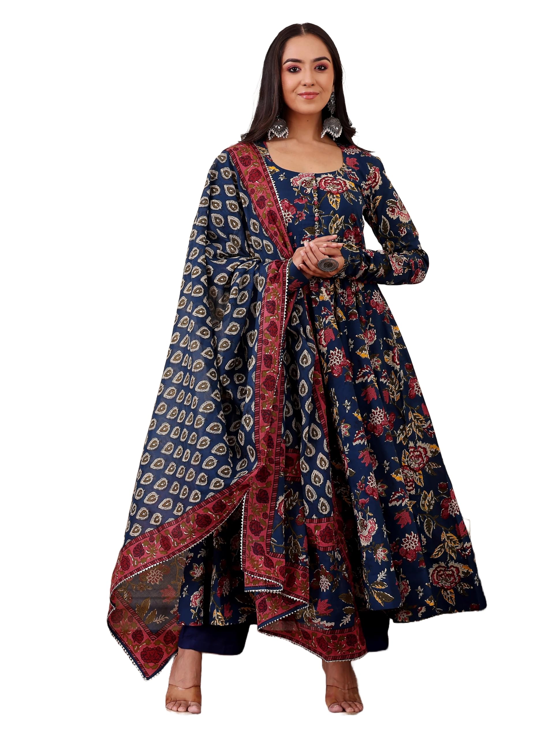 KLOSIA Women Printed Anarkali Kurta and Pant with Dupatta (in, Alpha, M, Blue)