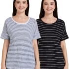 Amazon Brand - Symbol Women's Striped Loose Fit Half Sleeve Cotton T-Shirt (SYMAW19TS036B_White + Navy_Small) (Combo Pack of 2)