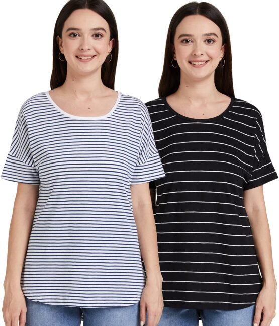 Amazon Brand - Symbol Women's Striped Loose Fit Half Sleeve Cotton T-Shirt (SYMAW19TS036B_White + Navy_Small) (Combo Pack of 2)