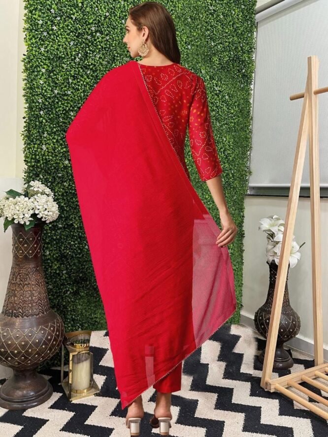 ASSUME FAB Women Viscose Rayon Bandhani Print A-Line Maternity and Feeding Wear Kurta Pant Set with Dupatta Red - Image 5