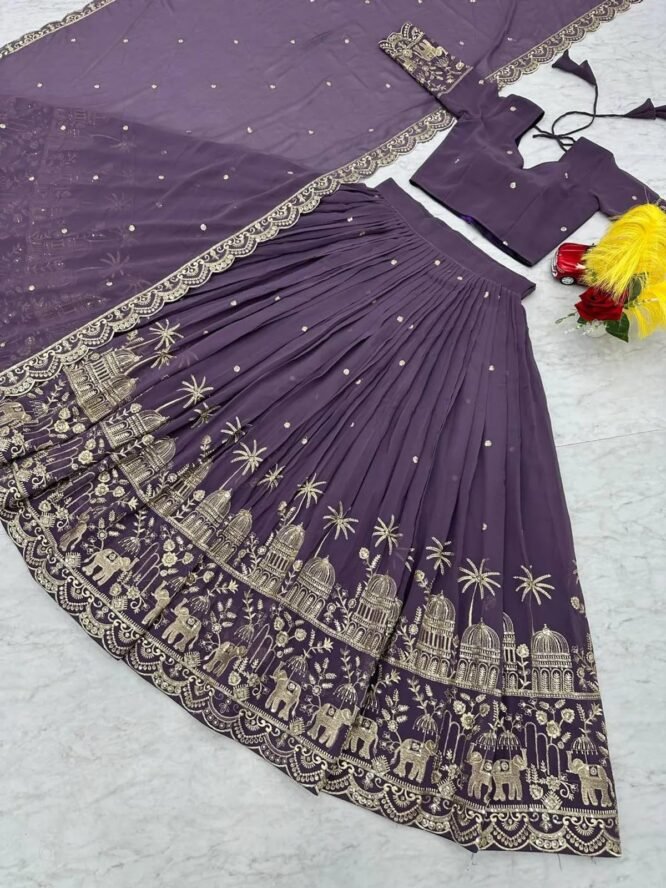 MODEMIX Designer Lehenga Choli Set, Purple Georgette with Silver Embroidery, Traditional Palace and Elephant Motifs - Image 4