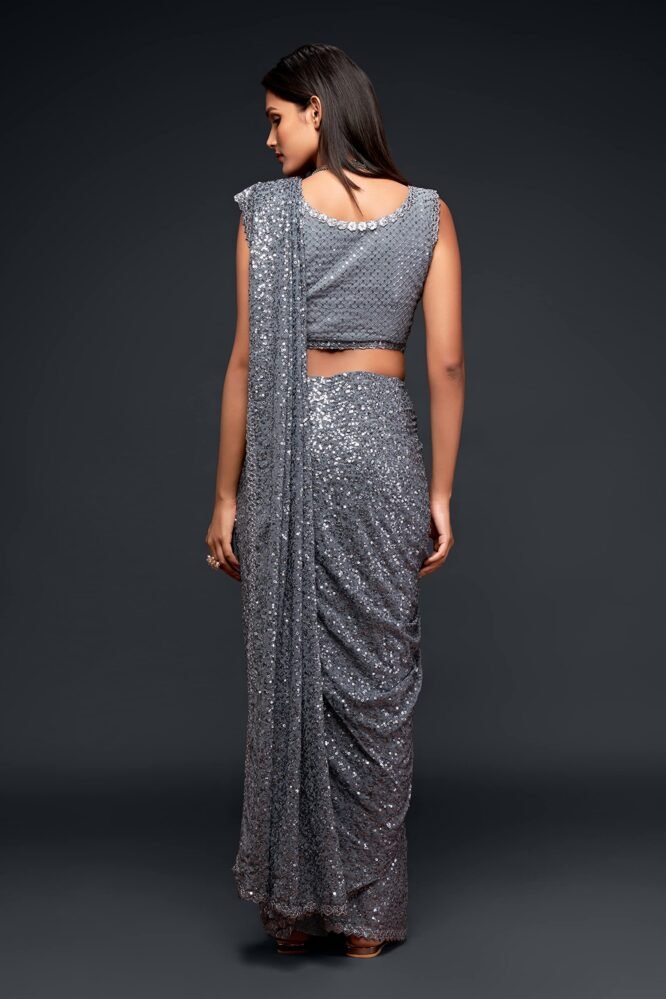 Zeel Clothing Women's Grey Sequins Work Heavy Georgette Saree with Blouse (1007-Slate-Grey-Sequins-Party-Saree, Slate Grey) - Image 2