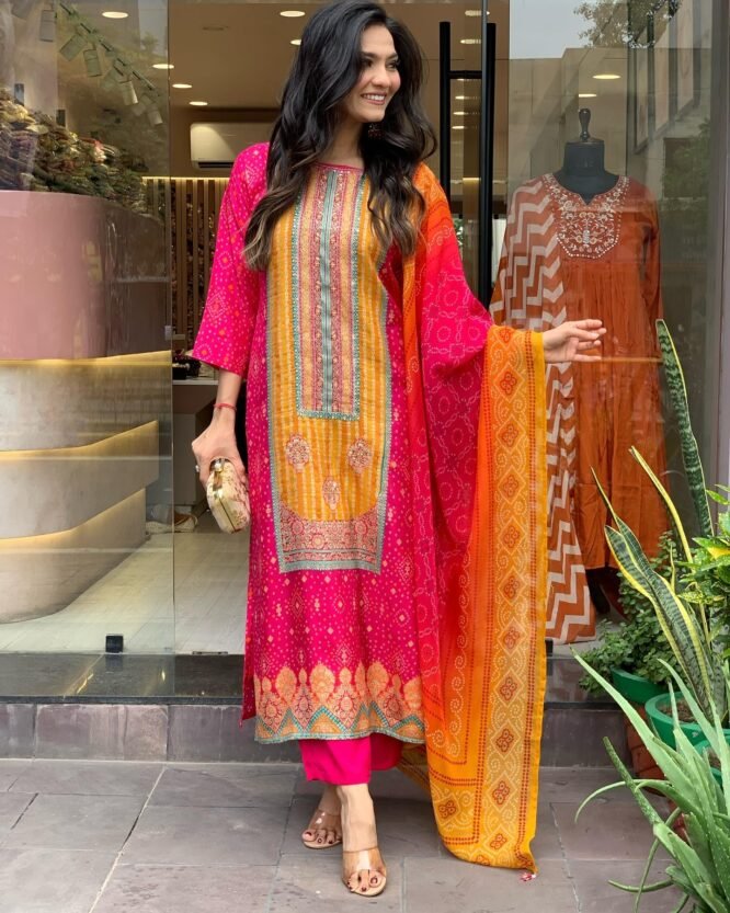 ANNI DESIGNER Women's Rayon Blend Printed Straight Kurta with Pant & Dupatta (Shubhangi Rani_XXL_Pink_XX-Large) - Image 2