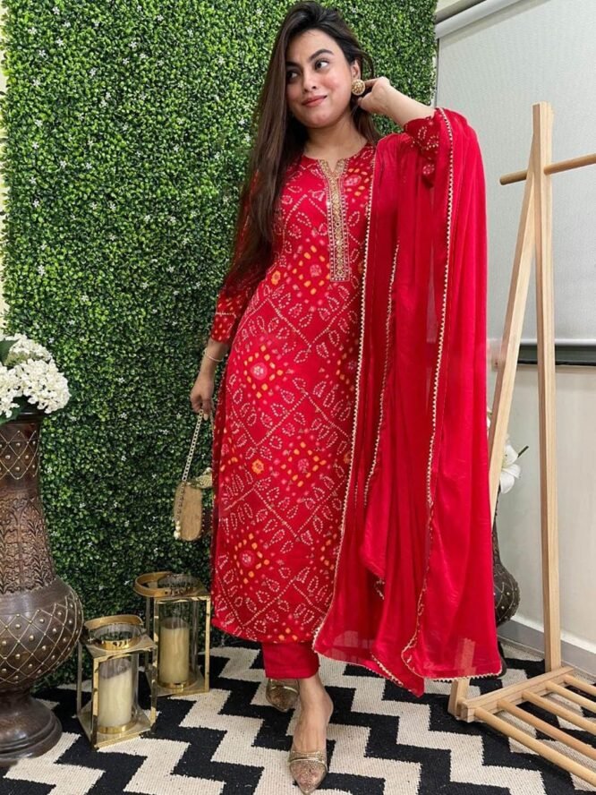 ASSUME FAB Women Viscose Rayon Bandhani Print A-Line Maternity and Feeding Wear Kurta Pant Set with Dupatta Red - Image 3