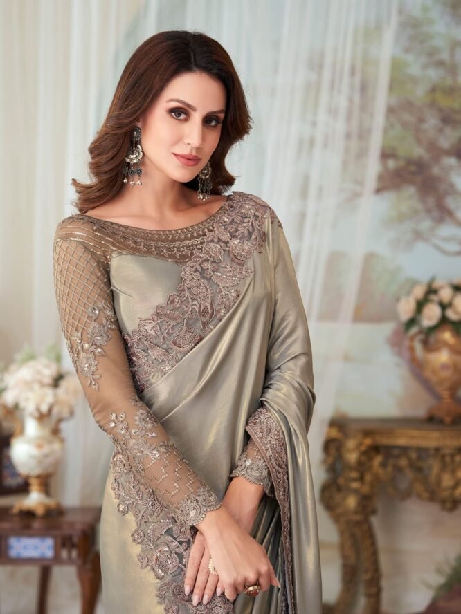 AKHILAM Women's Satin Silk Embellished Designer Saree With Blouse Piece (Metallic_SILVER27011_TFH) - Image 6