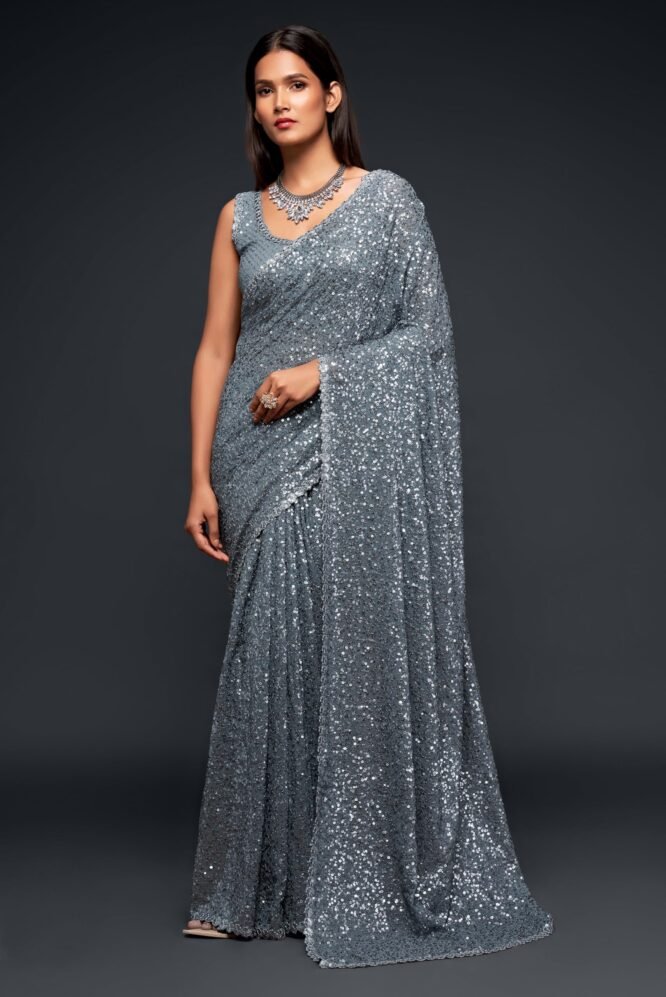 TRENDMALLS Women's Georgette Heavy Sequins Work Heavy Saree with Blouse (Latest-Sequins-Party-Saree) (Grey) - Image 2