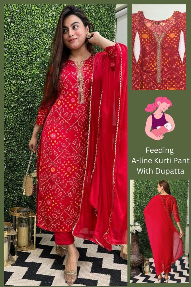 ASSUME FAB Women Viscose Rayon Bandhani Print A-Line Maternity and Feeding Wear Kurta Pant Set with Dupatta Red - Image 6