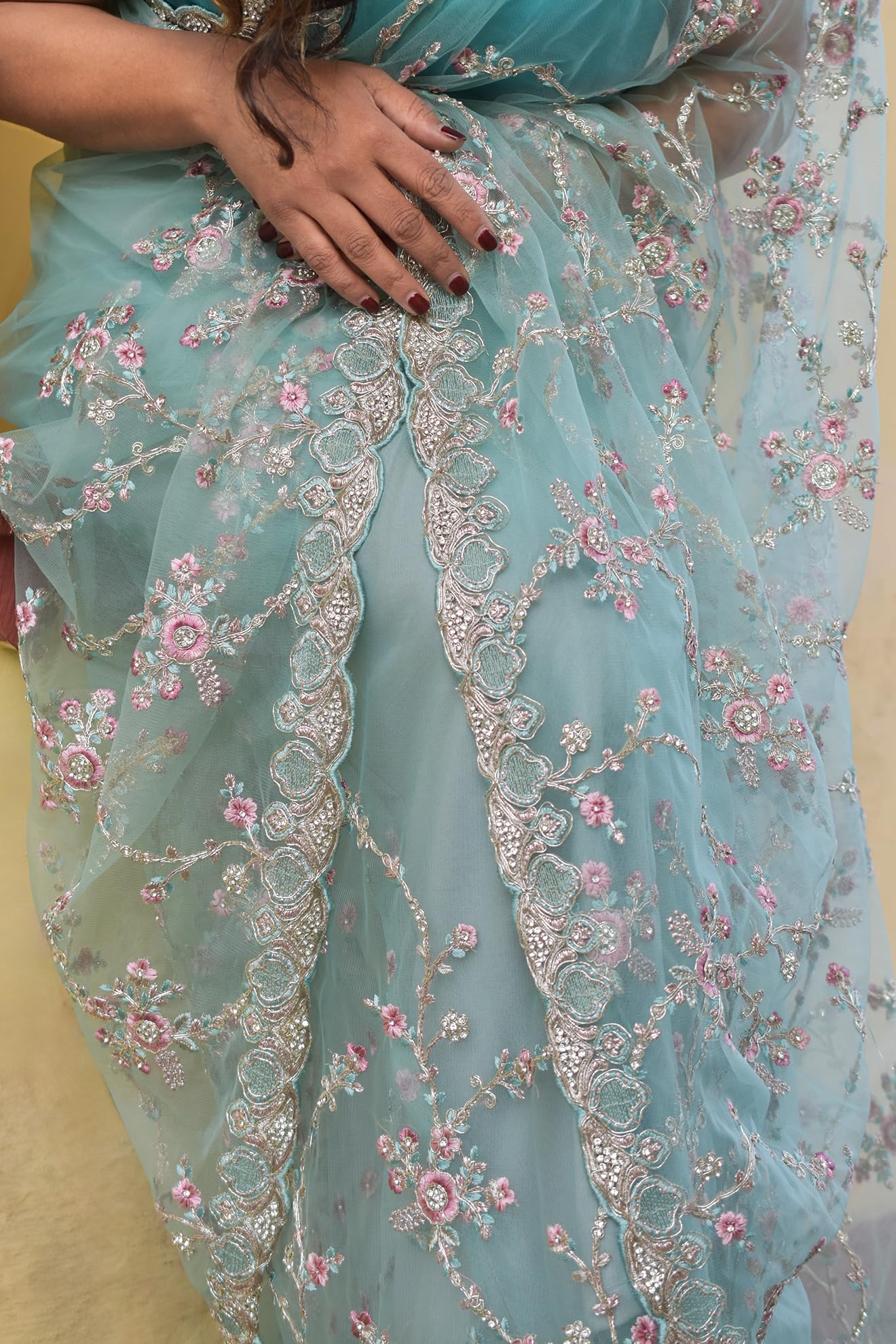 MESCHE Women's Pastel Mint Green Supernet Saree with Zari & Sequin Floral Embroidery With Unstitched Blouse Piece - Image 6