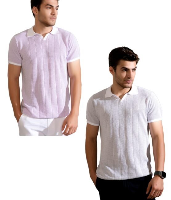 The Tie Hub Men's Premium Cotton Stretch Solid Pink and Grey Polo T Shirt with Johnny Collar and Regular Fit Knit (Pack of 2)