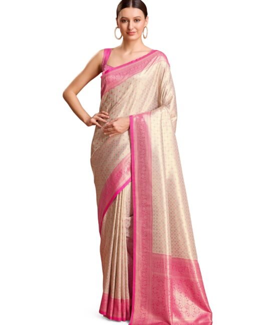 Monjolika Fashion Women Timeless Pink Kanjivaram Silk Saree with Intricate Zari Work Comes With Unstitched Regular Fit Blouse Piece