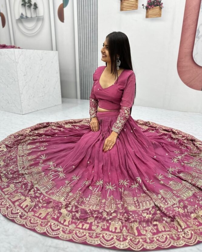 Tyche Purnaa Veda Georgette Embroidery Work Semi-Stitched Lehenga Choli for Women with Dupatta (PINK) - Image 6
