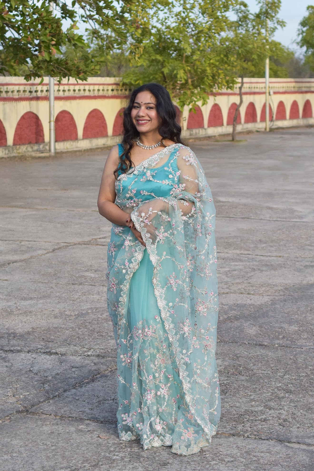 MESCHE Women's Pastel Mint Green Supernet Saree with Zari & Sequin Floral Embroidery With Unstitched Blouse Piece - Image 3