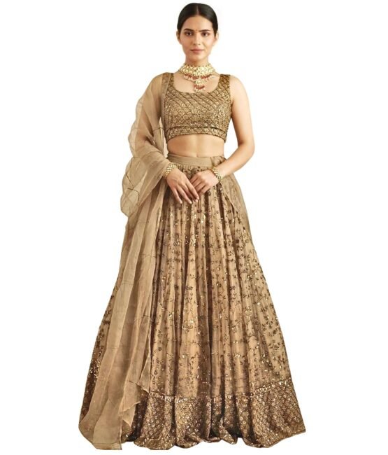 TRENDMALLS Women's Net Embroidery Lehenga Choli With Net Dupatta (L144-Gold, Semi stitched)