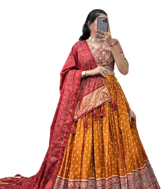 Women's Tussar Silk With Patola Print And Foil Work Lehenga choli (TAPKU) (Yellow)
