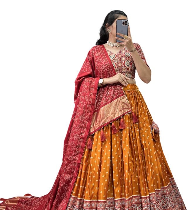 Women's Tussar Silk With Patola Print And Foil Work Lehenga choli (TAPKU) (Yellow)
