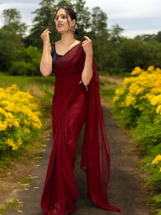 FEAURA Women's Maroon Ready to Wear Prestitched 1 Min. Saree Glitter Striped Nylon Light Weight with Blouse Piece - Image 6