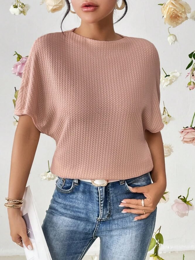 Zilcon Women Fashion Fall Batwing Half Sleeve Shirts Boat Neck Oversized Tunic Tops Casual Waffle Knit Shirts Tops for Women (in, Alpha, L, Dusty Pink) - Image 6