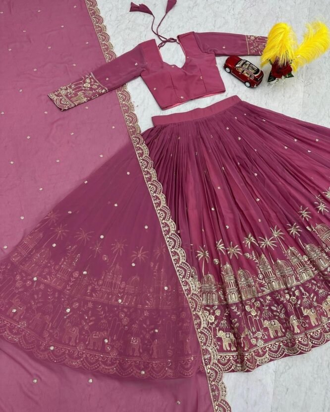 Tyche Purnaa Veda Georgette Embroidery Work Semi-Stitched Lehenga Choli for Women with Dupatta (PINK) - Image 4