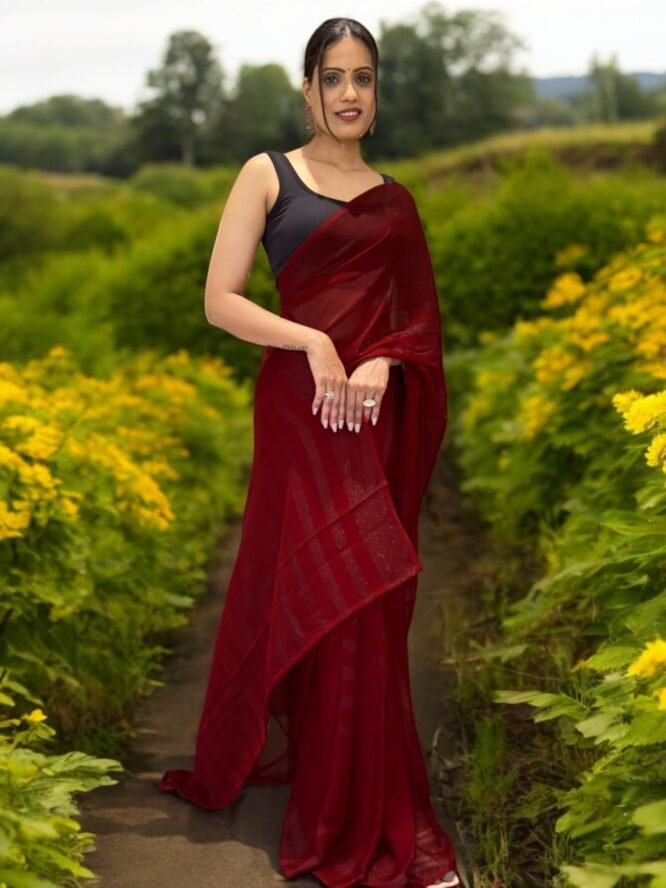 FEAURA Women's Maroon Ready to Wear Prestitched 1 Min. Saree Glitter Striped Nylon Light Weight with Blouse Piece - Image 3