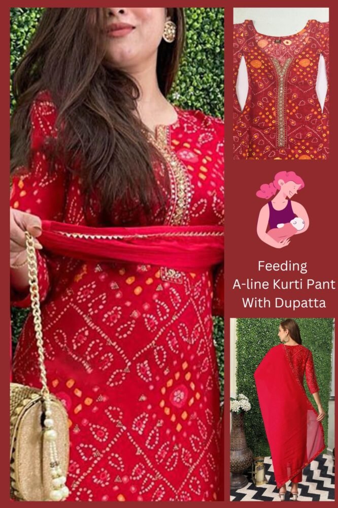 ASSUME FAB Women Viscose Rayon Bandhani Print A-Line Maternity and Feeding Wear Kurta Pant Set with Dupatta Red - Image 2