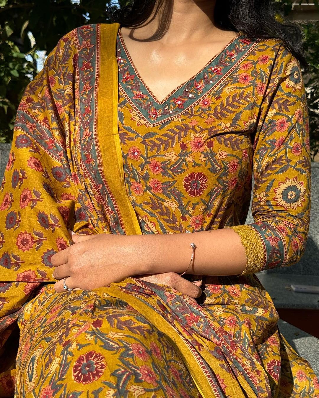 KLOSIA Women Printed Kurta and Pant Set with Dupatta (XX-Large) Mustard Yellow - Image 5