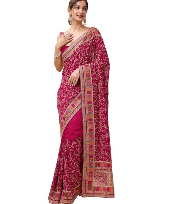 TRENDMALLS Women's Vichitra Silk Embroidery, Siroski Stone Work Saree with Unstitch Blouse Piece (K1085-Pink-)
