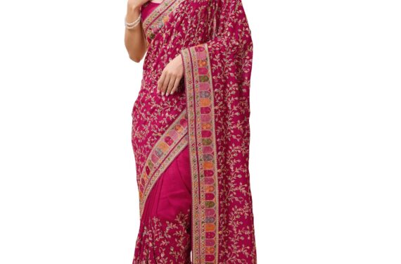 TRENDMALLS Women's Vichitra Silk Embroidery, Siroski Stone Work Saree with Unstitch Blouse Piece (K1085-Pink-)