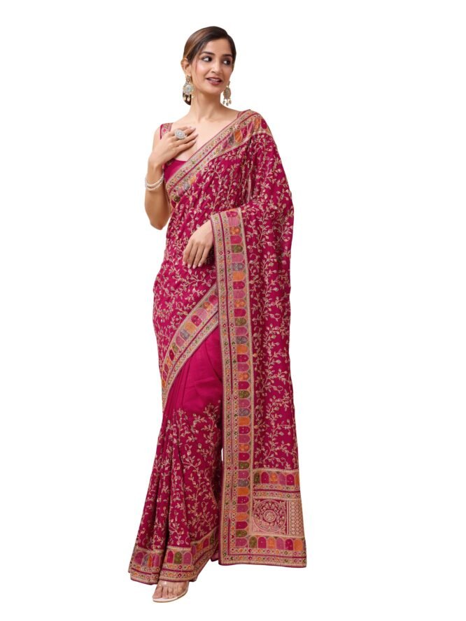 TRENDMALLS Women's Vichitra Silk Embroidery, Siroski Stone Work Saree with Unstitch Blouse Piece (K1085-Pink-)