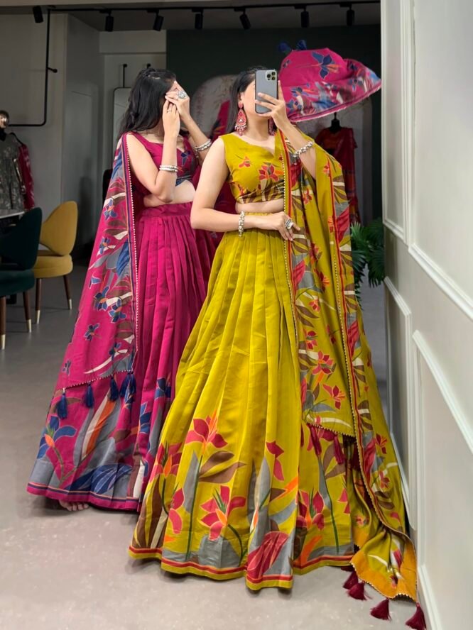 MR CREATION Women's Wedding Special Floral Lehenga Choli with Foil Print & Gotta Patti Dupatta(PINK) (YELLOW) - Image 3
