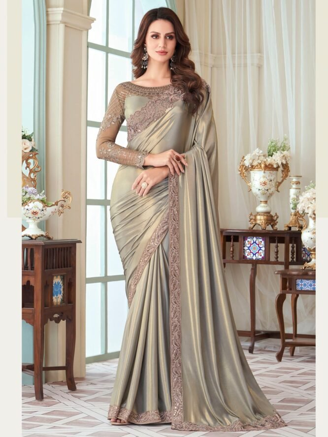 AKHILAM Women's Satin Silk Embellished Designer Saree With Blouse Piece (Metallic_SILVER27011_TFH) - Image 7