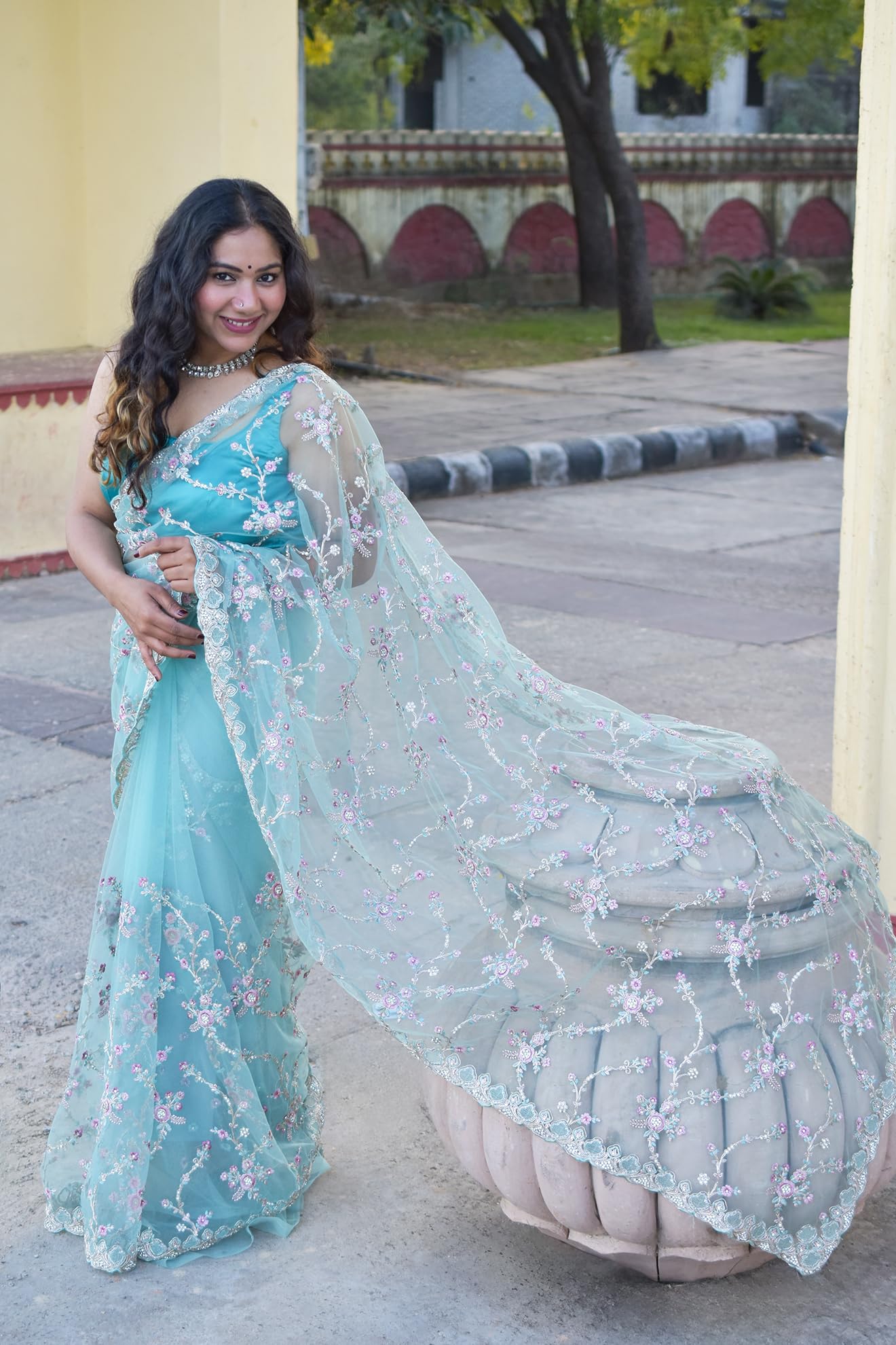 MESCHE Women's Pastel Mint Green Supernet Saree with Zari & Sequin Floral Embroidery With Unstitched Blouse Piece - Image 5