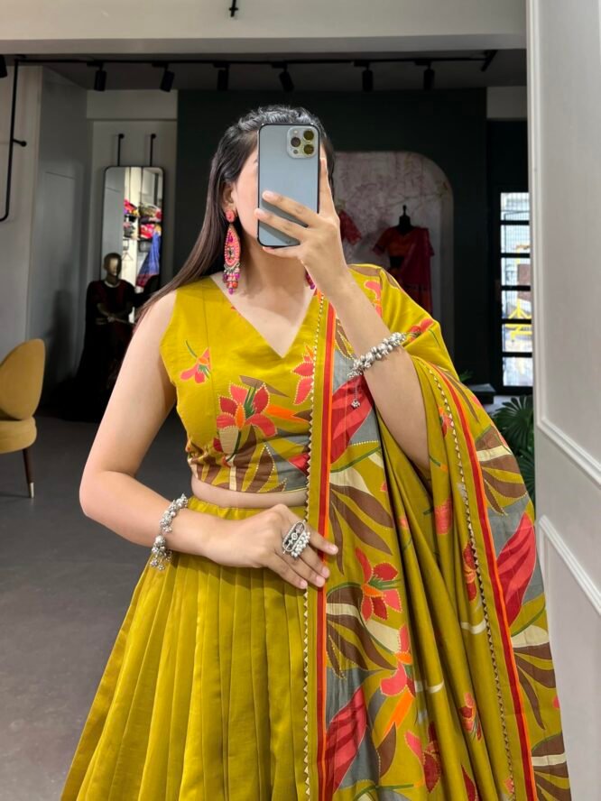MR CREATION Women's Wedding Special Floral Lehenga Choli with Foil Print & Gotta Patti Dupatta(PINK) (YELLOW) - Image 4
