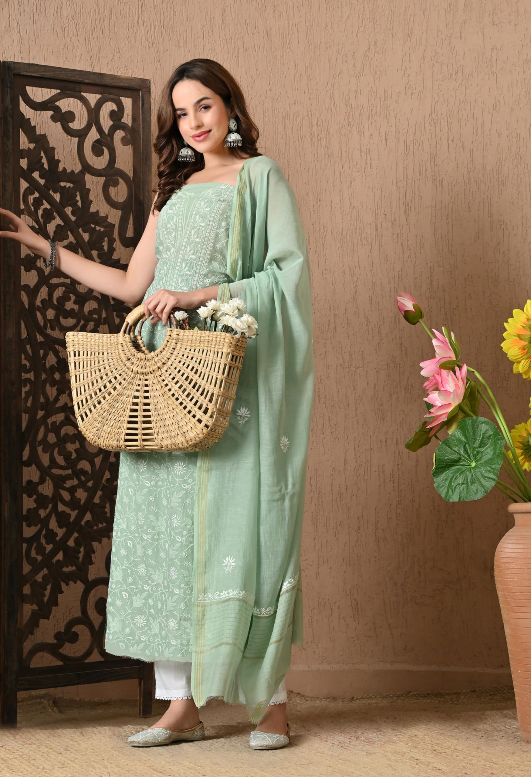 THE WEAVERS SHOP BY RAAVI Chanderi Kurta Dupatta Unstitched Suit Set - Image 3