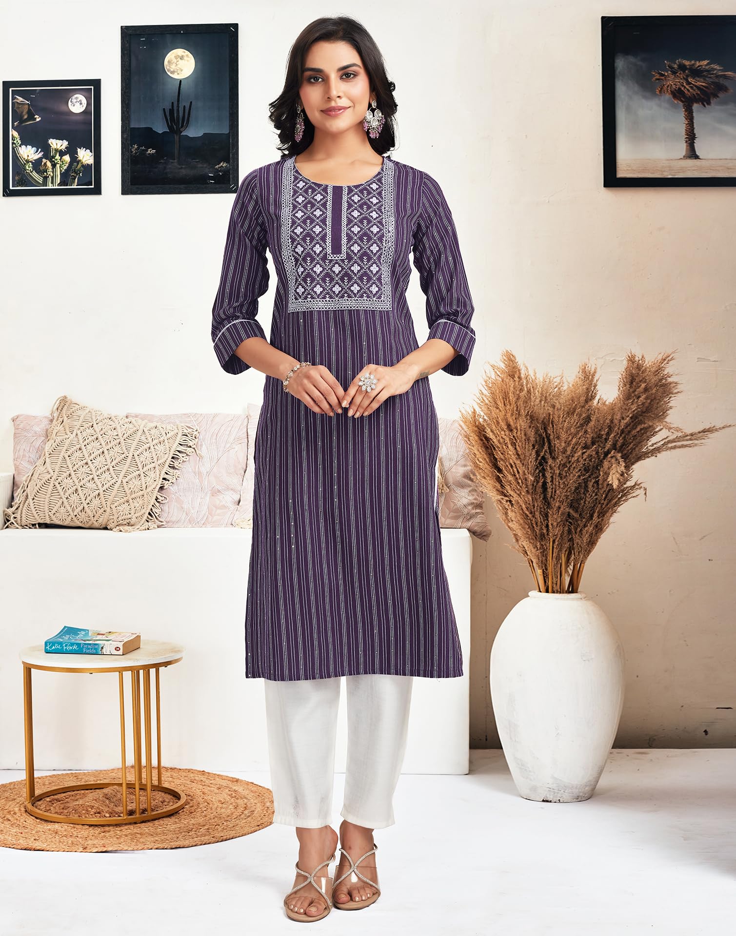 SIRIL Women's Cotton Sequence Embroidery Straight Kurta Pant with Dupatta Set (474K10027-L_Wine) - Image 5