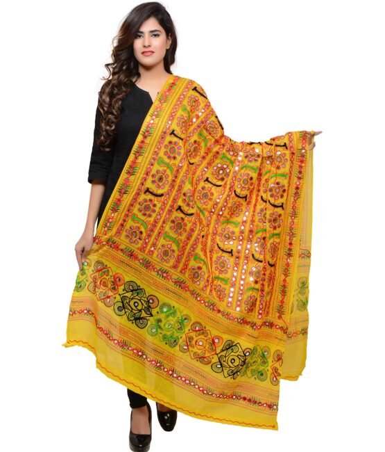 Banjara India Women's Cotton Embroidered Kutchi Dupatta Bharchak (Lemon Yellow)