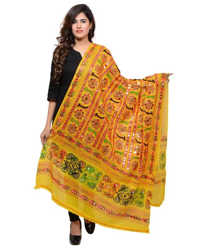 Banjara India Women's Cotton Embroidered Kutchi Dupatta Bharchak (Lemon Yellow)