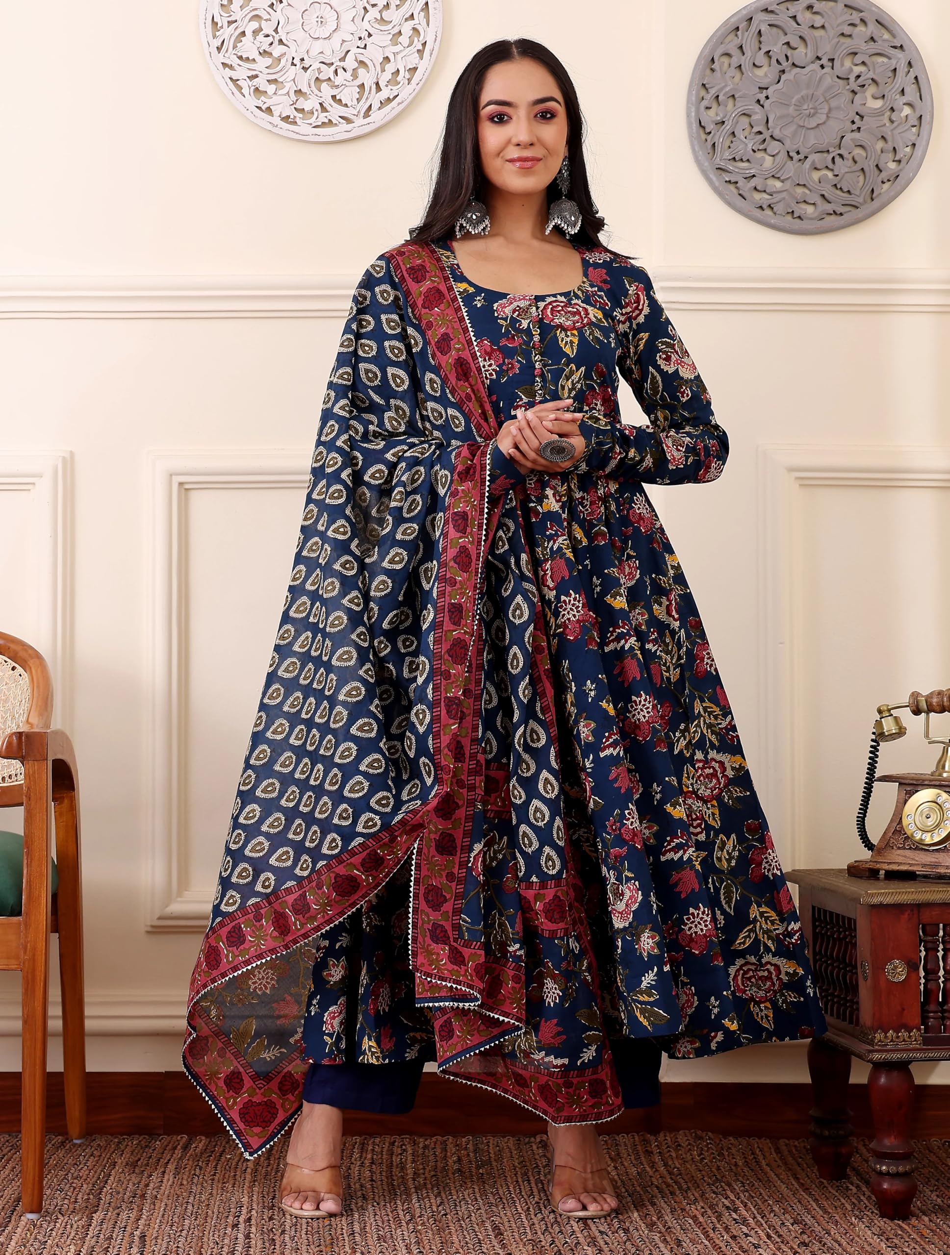KLOSIA Women Printed Anarkali Kurta and Pant with Dupatta (in, Alpha, M, Blue) - Image 2