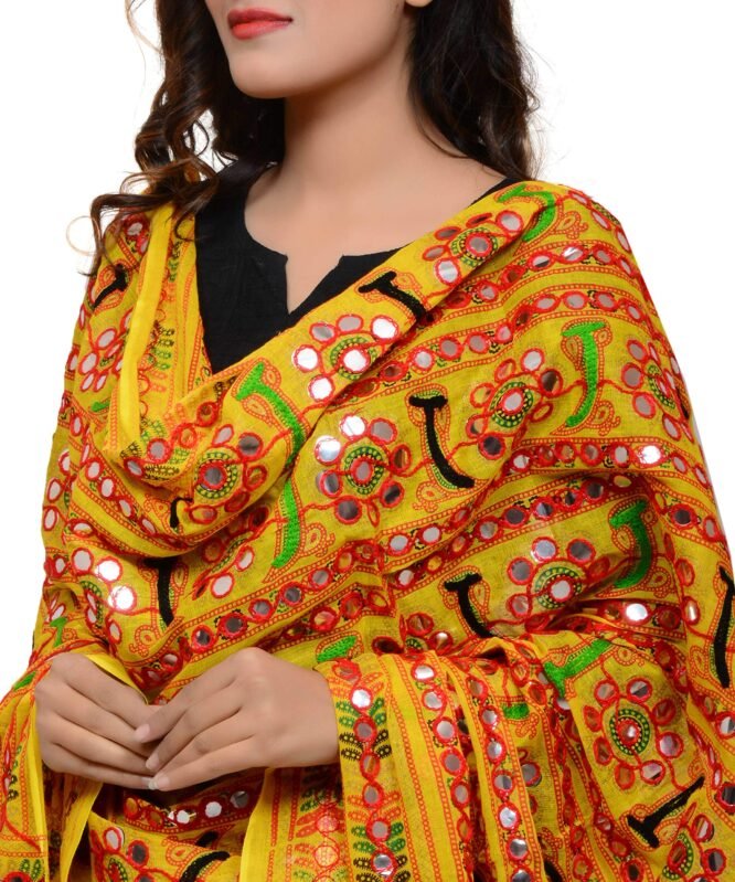 Banjara India Women's Cotton Embroidered Kutchi Dupatta Bharchak (Lemon Yellow) - Image 2