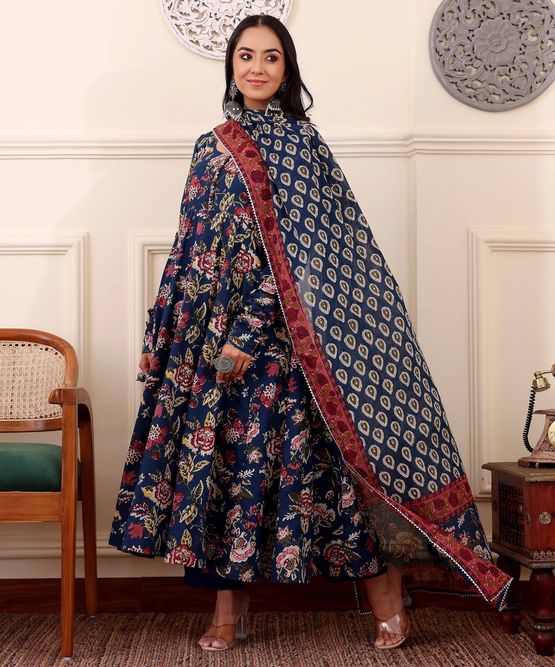 KLOSIA Women Printed Anarkali Kurta and Pant with Dupatta (in, Alpha, M, Blue) - Image 4